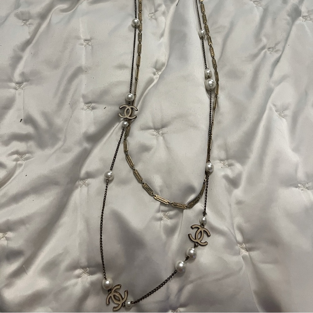 Vintage Chanel gold and faux pearl double strand necklace.
